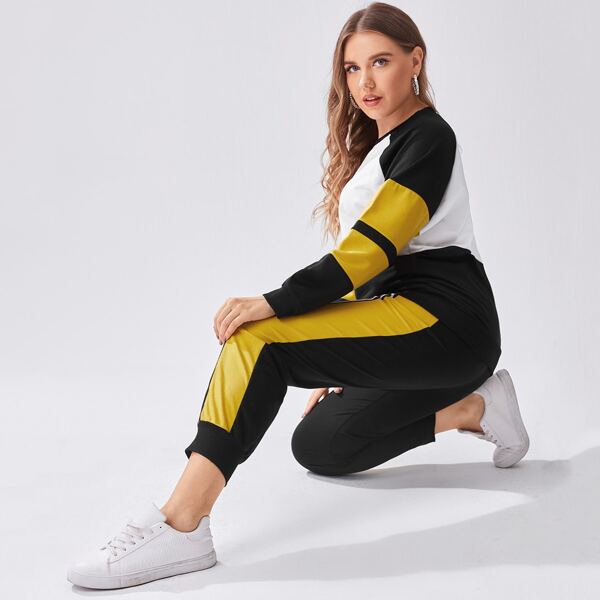 

Plus Color-block Raglan Sleeve Sweatshirt & Sweatpants, Multicolor