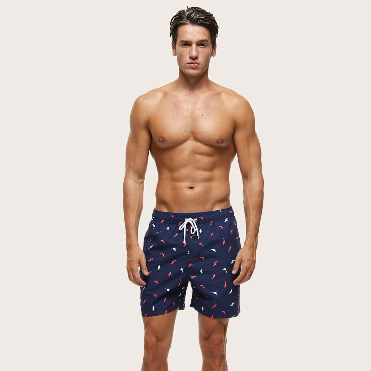 

Guys Fish Print Drawstring Waist Swim Trunks, Navy blue