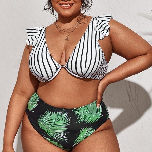 

Plus Striped & Leaf Print Underwire Bikini Swimsuit, Multicolor