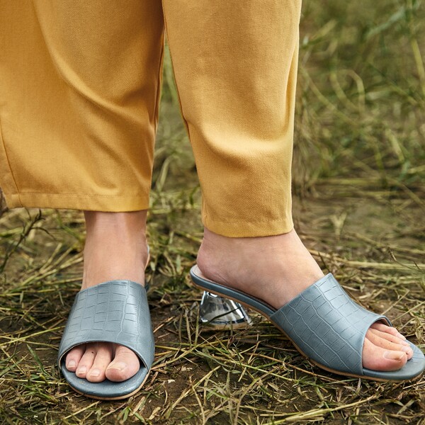 

Croc Embossed Sculptural Heeled Mules, Blue