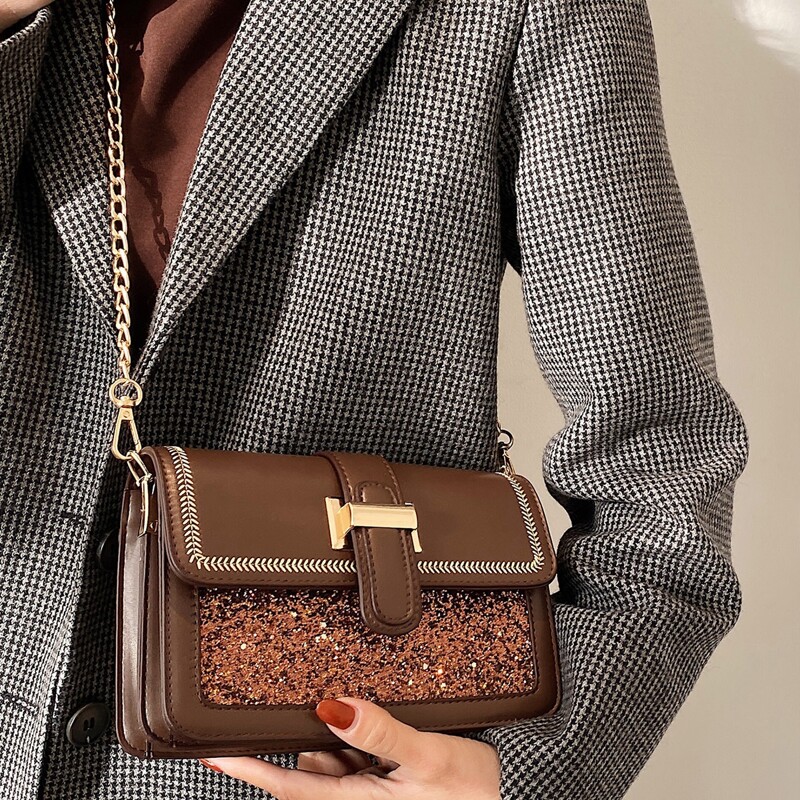 

Glitter Detail Chain Crossbody Bag, Brown
