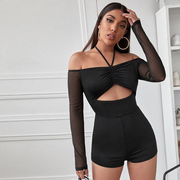 

Contrast Mesh Cut Out Ruched Romper, Black