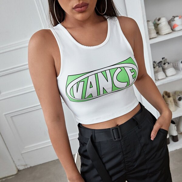 

Letter Graphic Crop Tank Top, White
