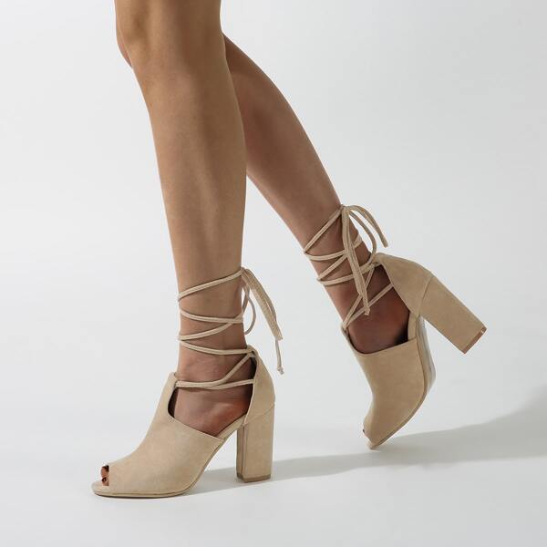

Peep Toe Tie Leg Chunky Heeled Suede Boots, Apricot