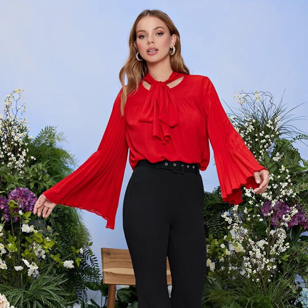 

Tie Neck Pleated Bell Sleeve Solid Top, Red