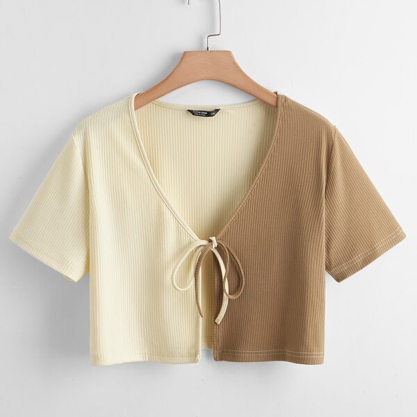 

Plus Tie Front Two Tone Crop Top, Multicolor