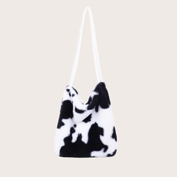 

Fluffy Cow Pattern Shoulder Bag, Black and white