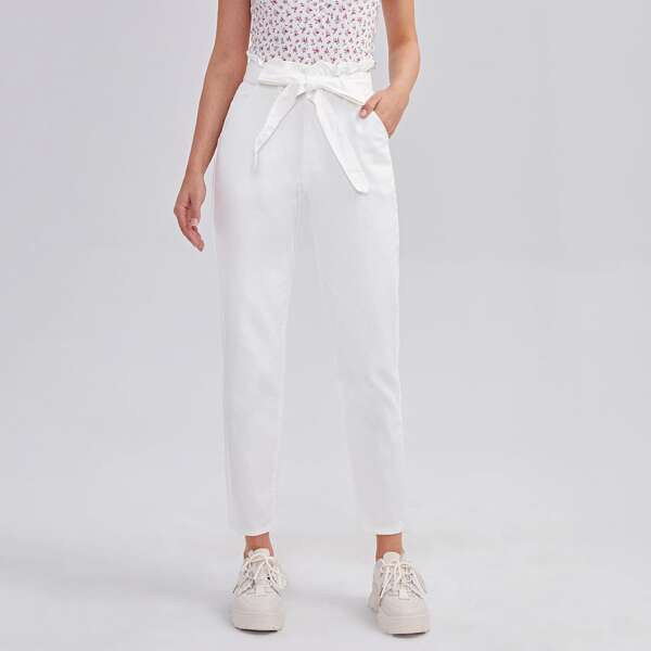 

Paper Bag Waist Belted Jeans, White