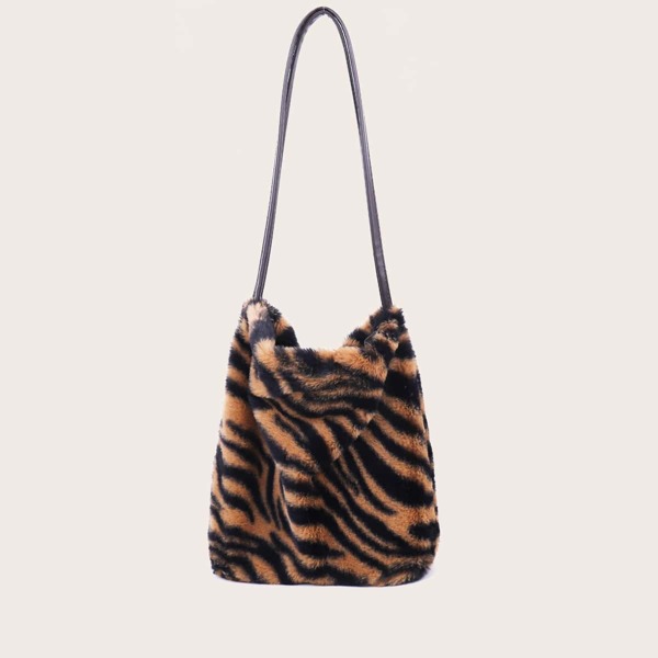 

Fluffy Tiger Pattern Shoulder Bag, Brown