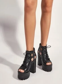 Peep Toe Cut-out Chunky Heeled Ankle Boots - Black - View 3