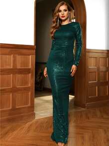 LOVE&LEMONADE Zip Back Sequin Bodycon Prom Dress - Dark Green - View 4