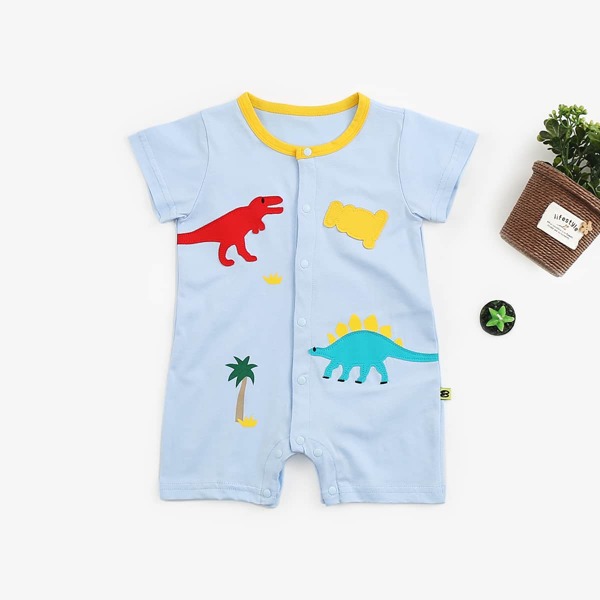 

Baby Boy Button Front Dinosaur & Plants Patch Romper, Baby blue pastel