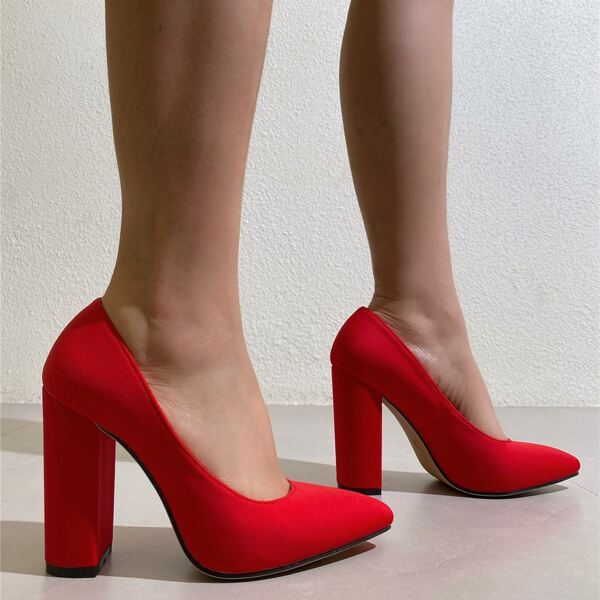 

Point Toe High Heeled Chunky Court Pumps, Red