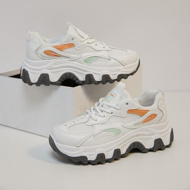 

Color Block Mesh Panel Chunky Sneakers, White