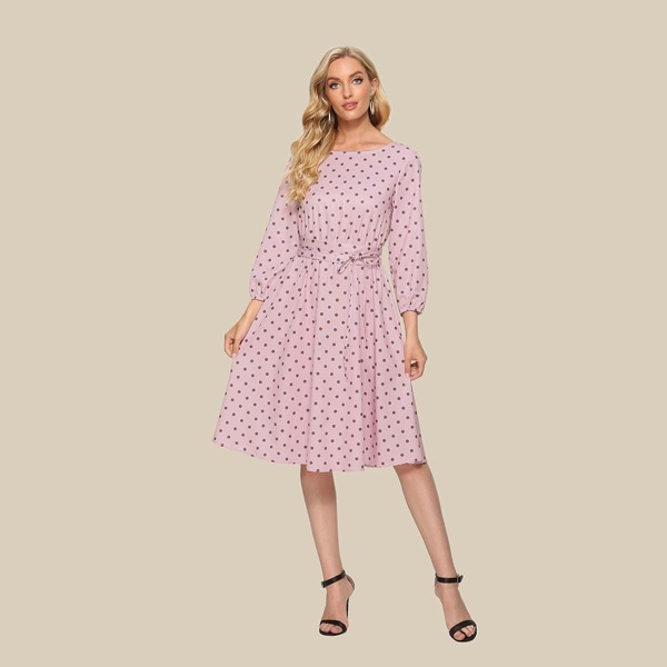 

Polka Dot Print Belted Dress, Dusty pink