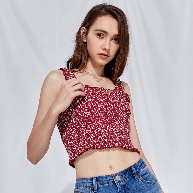 

Ditsy Floral Frill Strap Crop Tank, Burgundy