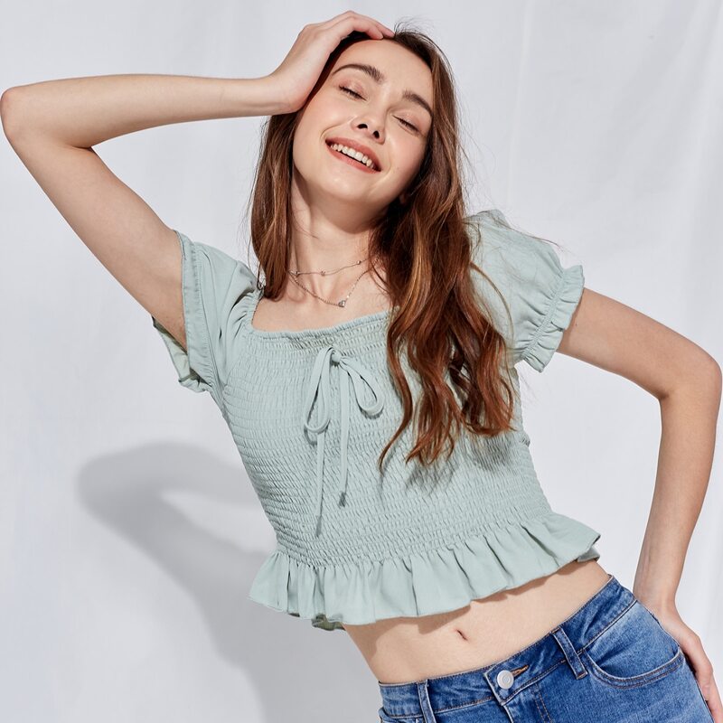 

Knot Shirred Crop Top, Mint green