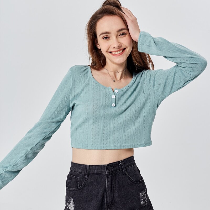 

Half Button Pointelle Crop Tee, Mint green