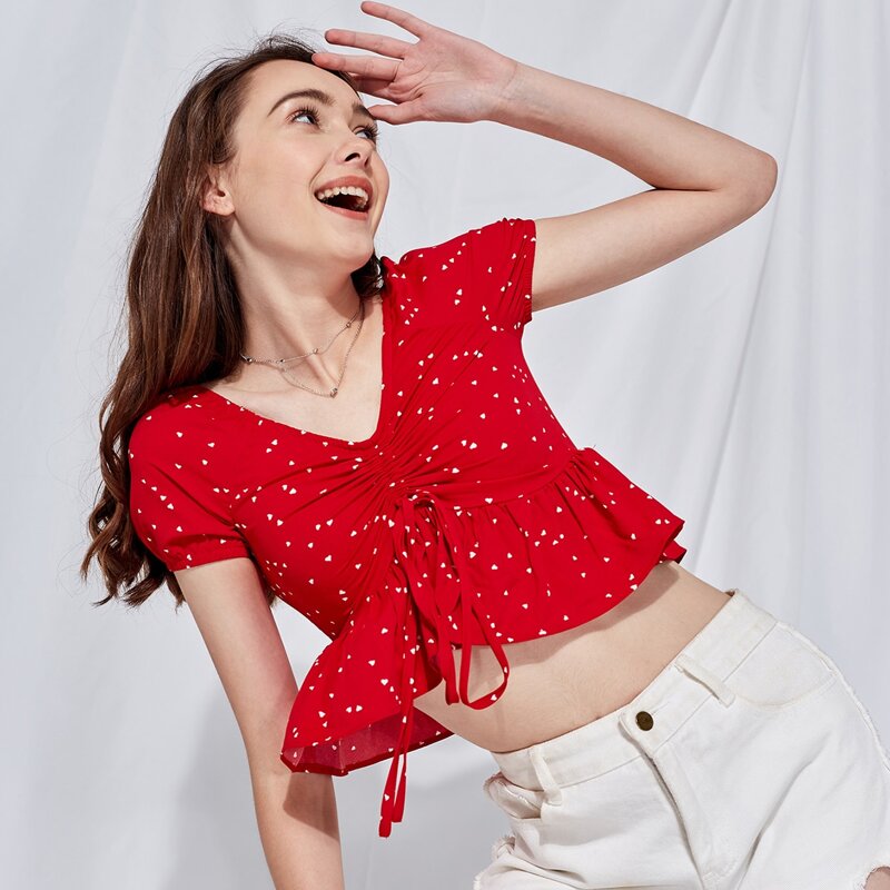 

Heart Print Drawstring Peplum Top, Red
