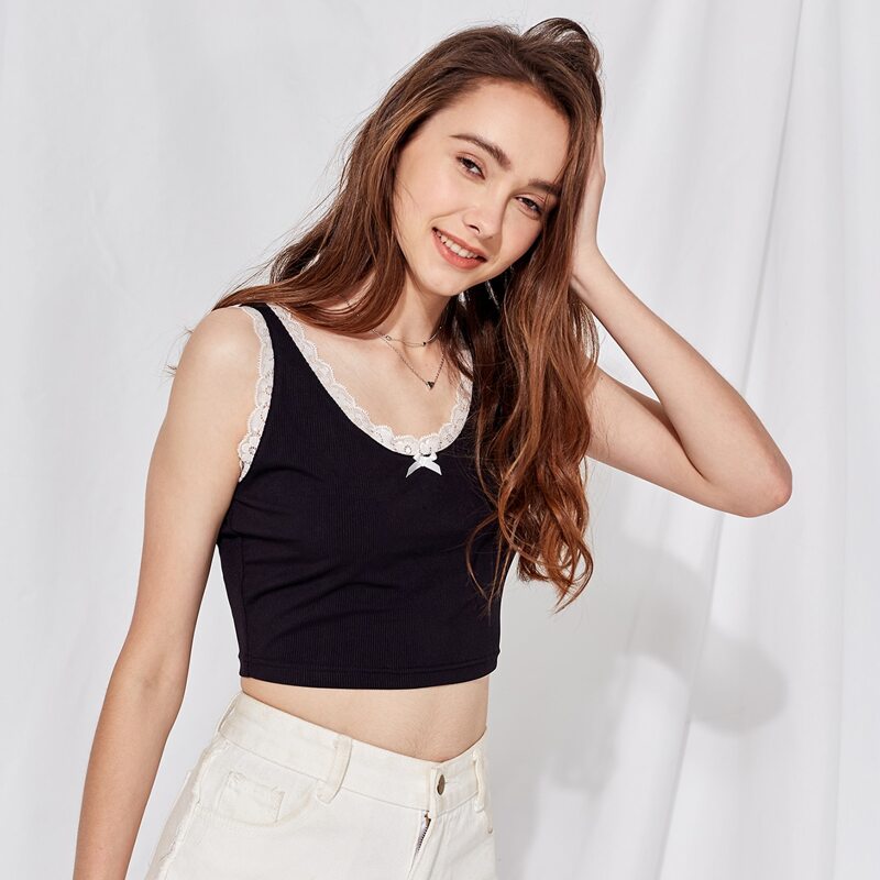 

Lace Trim Crop Tank Top, Black