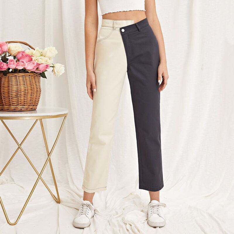 

Two Tone Asymmetrical Waist Pants, Multicolor
