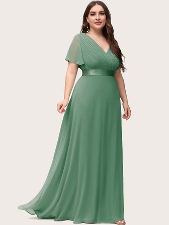 فستان وصيفة العروس أنيق بياقة على شكل حرف V مطوي عند الصدر باللون الأخضر، فستان رسمي لضيوف الزفاف، مناسب للمناسبات الاحتفالية