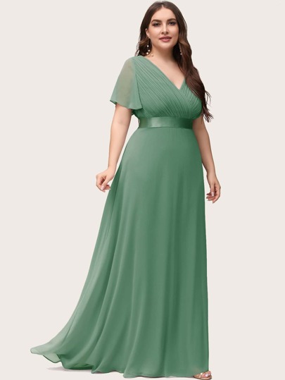 فستان وصيفة العروس أنيق بياقة على شكل حرف V مطوي عند الصدر باللون الأخضر، فساتين ضيوف الزفاف، فساتين رسمية للحفلات لمقاسات كبيرة في فصل الخريف والشتاء