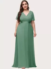EVERPRETTY Plus Size Elegant V-Neck Ruched Bust Green Bridesmaid Dress, Wedding Guest Formal Dress - Green - View 6