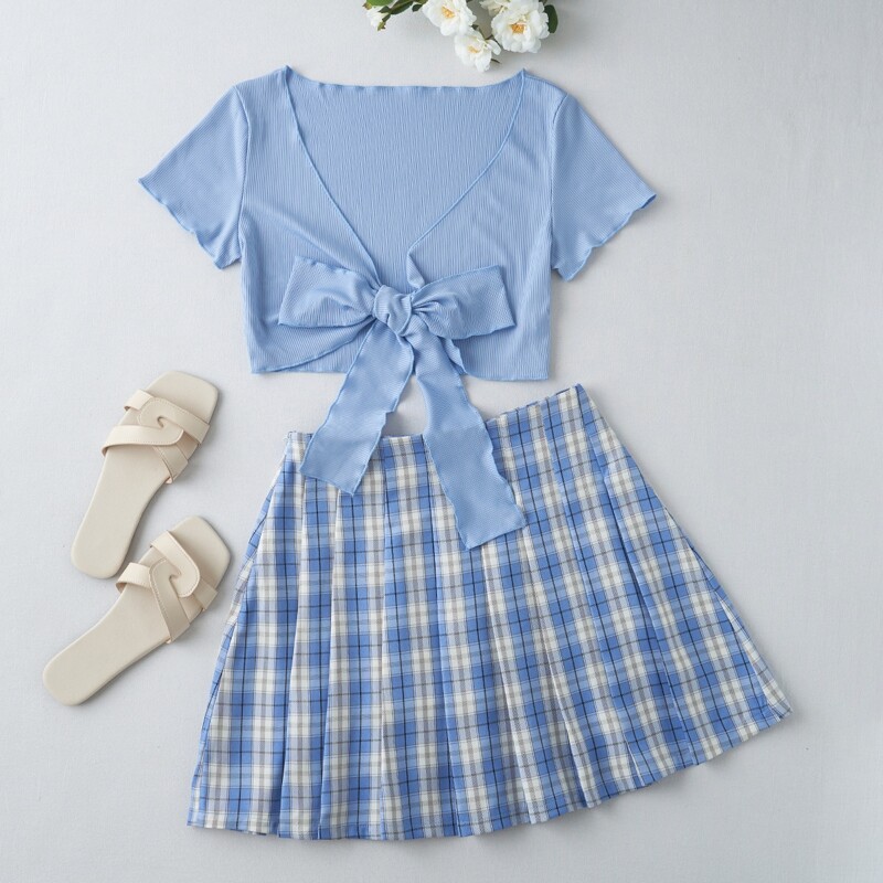 

Tie Front Crop Top & Plaid Skirt, Multicolor