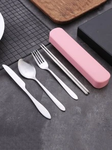 4 Dao Kéo Bằng Thép Không Gỉ & 1 Hộp, Di Động Dao Kéo Với Dao, Nĩa, Muỗng, Đũa Cho Văn Phòng Làm Việc Trường Học - Hồng - Xem 1