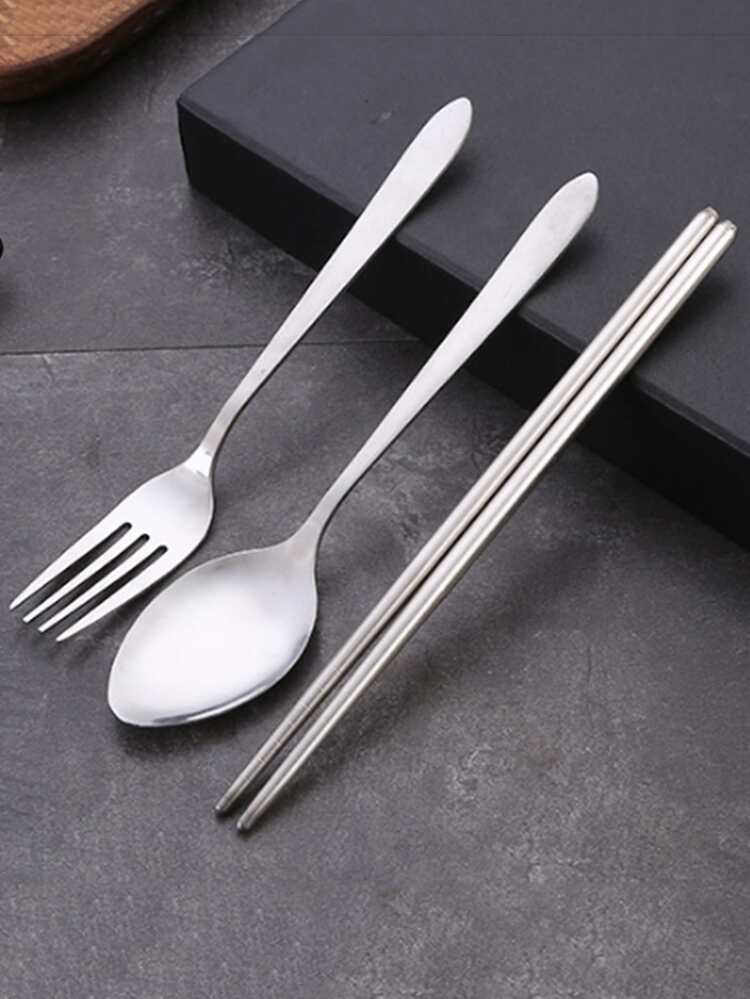 4 Dao Kéo Bằng Thép Không Gỉ & 1 Hộp, Di Động Dao Kéo Với Dao, Nĩa, Muỗng, Đũa Cho Văn Phòng Làm Việc Trường Học - Hồng - Xem 2