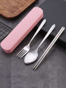 4 Dao Kéo Bằng Thép Không Gỉ & 1 Hộp, Di Động Dao Kéo Với Dao, Nĩa, Muỗng, Đũa Cho Văn Phòng Làm Việc Trường Học - Hồng - Xem 3