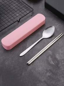 4 Dao Kéo Bằng Thép Không Gỉ & 1 Hộp, Di Động Dao Kéo Với Dao, Nĩa, Muỗng, Đũa Cho Văn Phòng Làm Việc Trường Học - Hồng - Xem 4