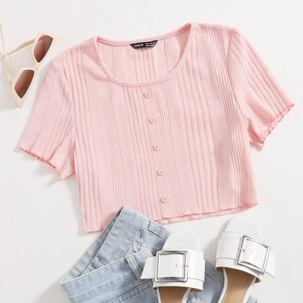 

Button Front Rib-knit Crop Tee, Baby pink