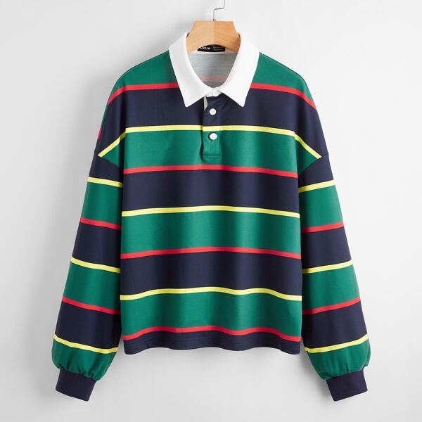 

Collared Buttoned Front Striped Sweatshirt, Multicolor