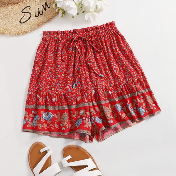 

Floral Print Paper Bag Waist Shorts, Red