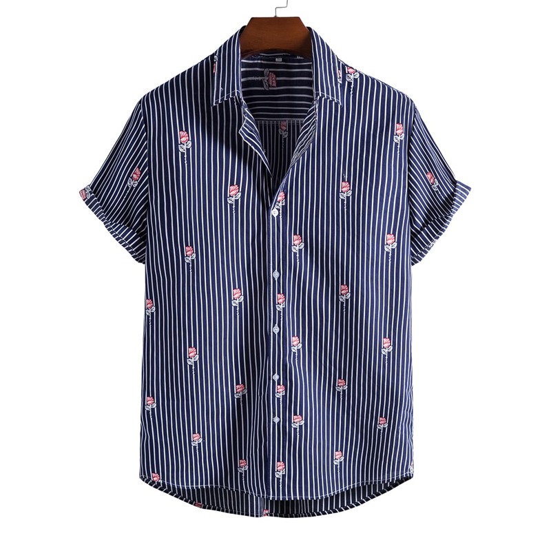 

Guys Stripe & Floral Print Button Up Shirt, Navy blue