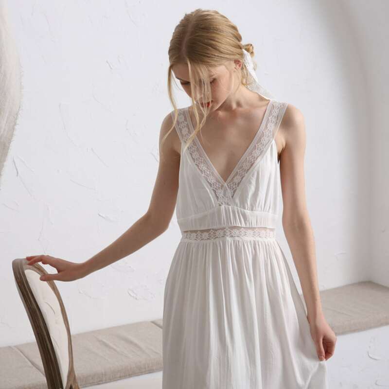 

Lace Panel Solid Night Dress, White