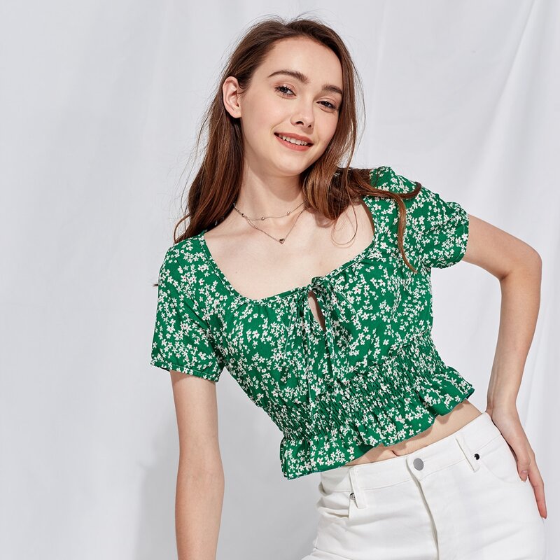

Ditsy Floral Shirred Crop Top, Green