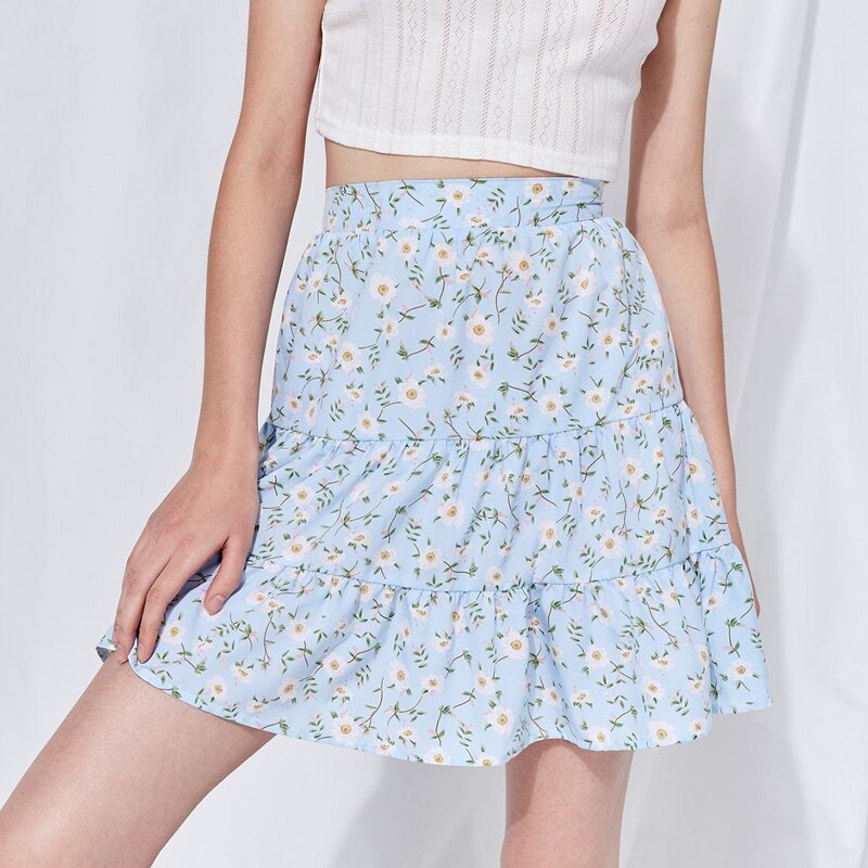 

Daisy Floral Flounce Skirt, Baby blue