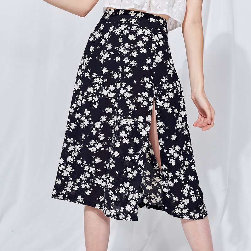 

Ditsy Floral Print Split Skirt, Black