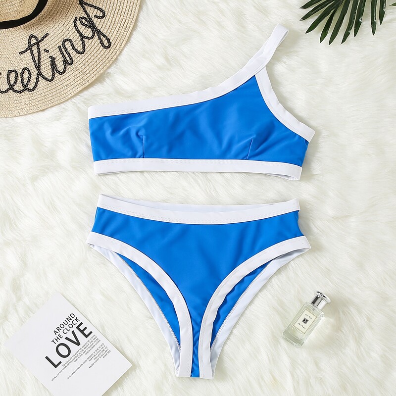 

Contrast Side One Shoulder Bikini Swimsuit, Blue and white