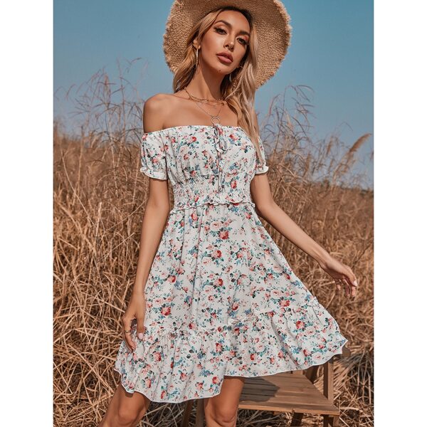 

Floral Bardot Shirred Ruffle Hem Dress, Multicolor
