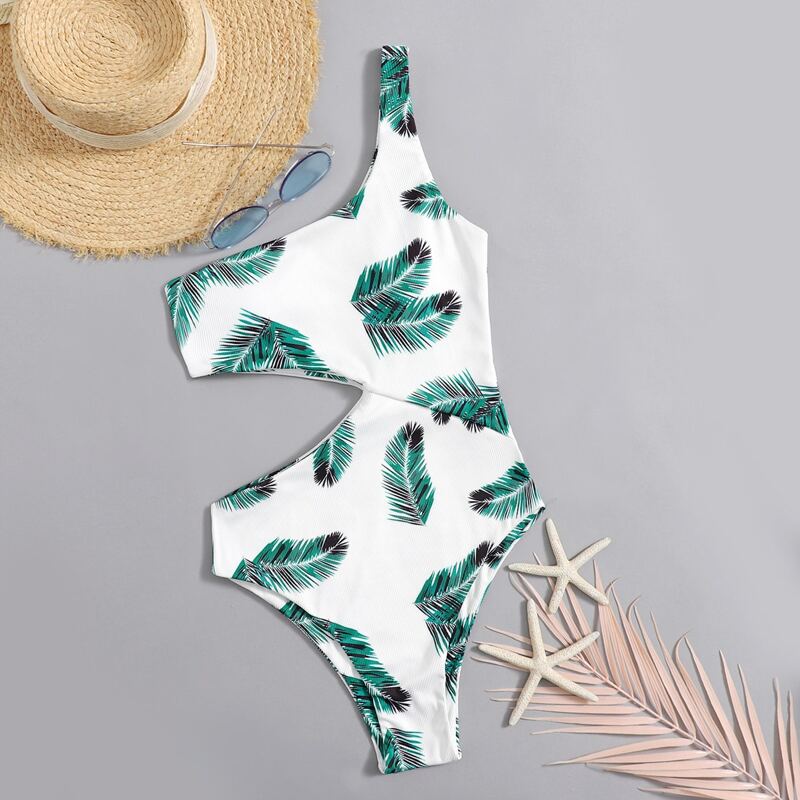 

Plant Print Cut-out One Shoulder One Piece Swimsuit, Multicolor