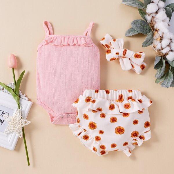 

Baby Girl Ruffle Trim Cami Bodysuit & Shorts & Headband, Multicolor