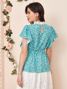 SHEIN 孕婦裝拼接網眼刺繡衣領蝴蝶袖腰帶上衣 - 彩色 - 查看 2