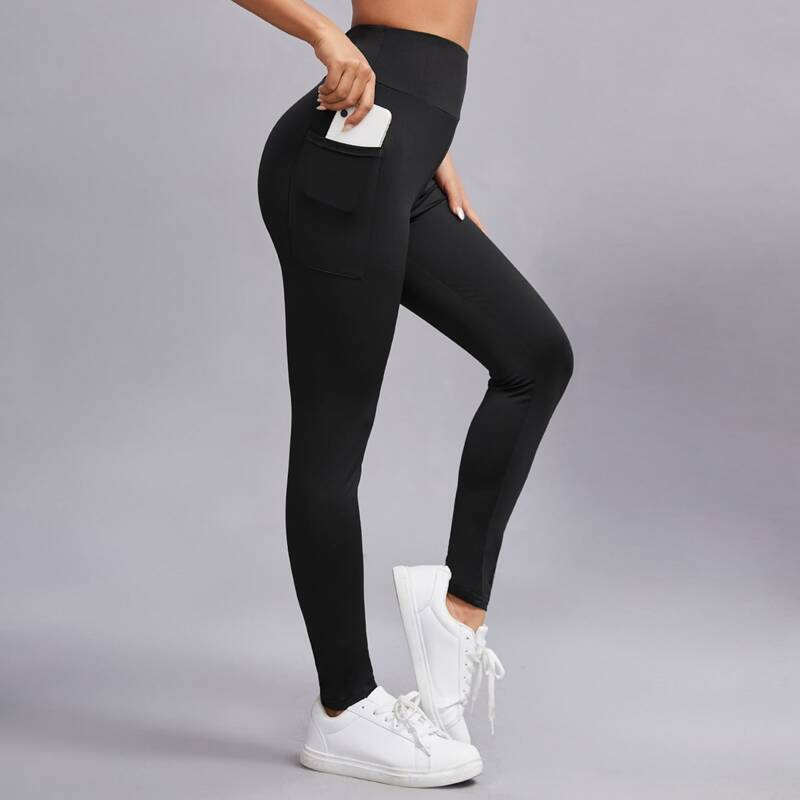 

Wide Band Waist Leggings With Phone Pocket, Black