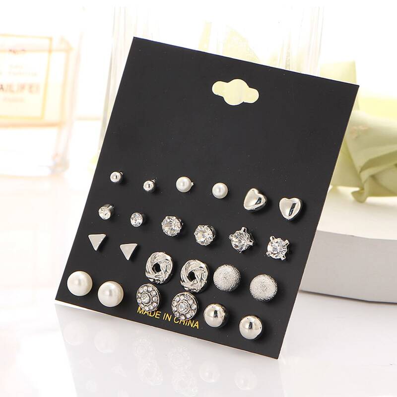

12pairs Rhinestone Geo Shaped Stud Earrings, Silver
