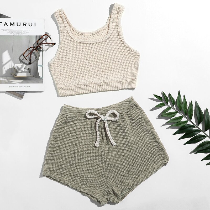 

Waffle Knit Tank Top & Shorts Lounge Set, Multicolor