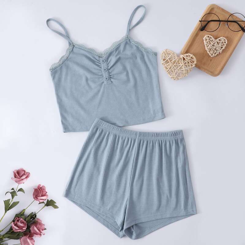 

Contrast Lace Ribbed Cami Top & Shorts Lounge Set, Dusty blue